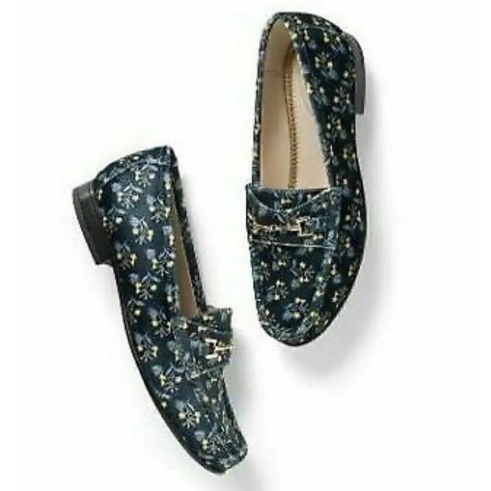 Cabi Carnaby Blue Velvet Floral Slip On Penny Loafer
